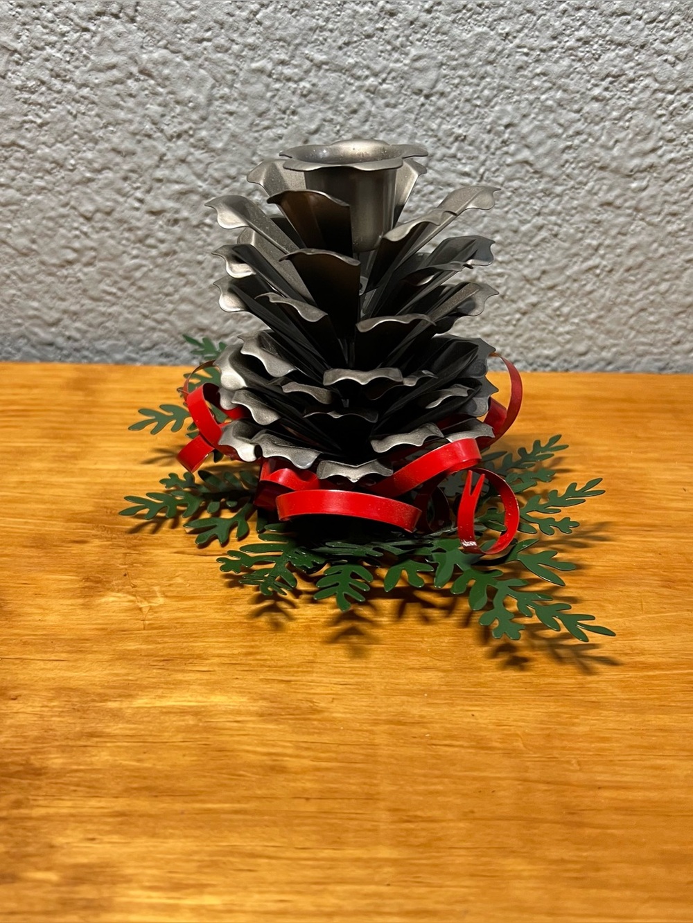 Dept 56 Balsam Pinecone Candle Holder ~ Silver Metal Christmas Red Winter Decor